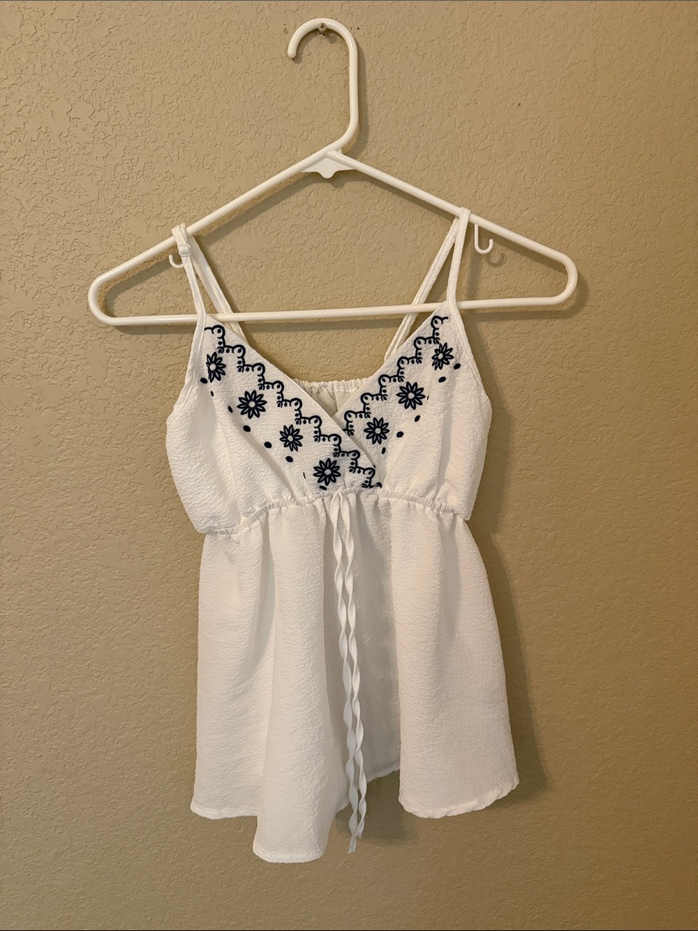 SHEIN White Tank Top with Navy Floral Embroidery
